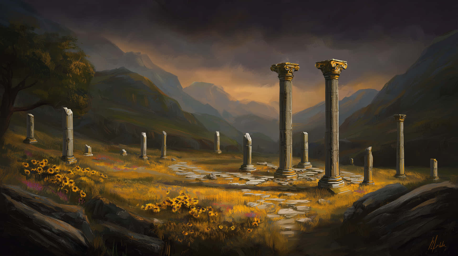 Amazing Ancient Ruins And Sunflowers Under Dramatic Skies Background