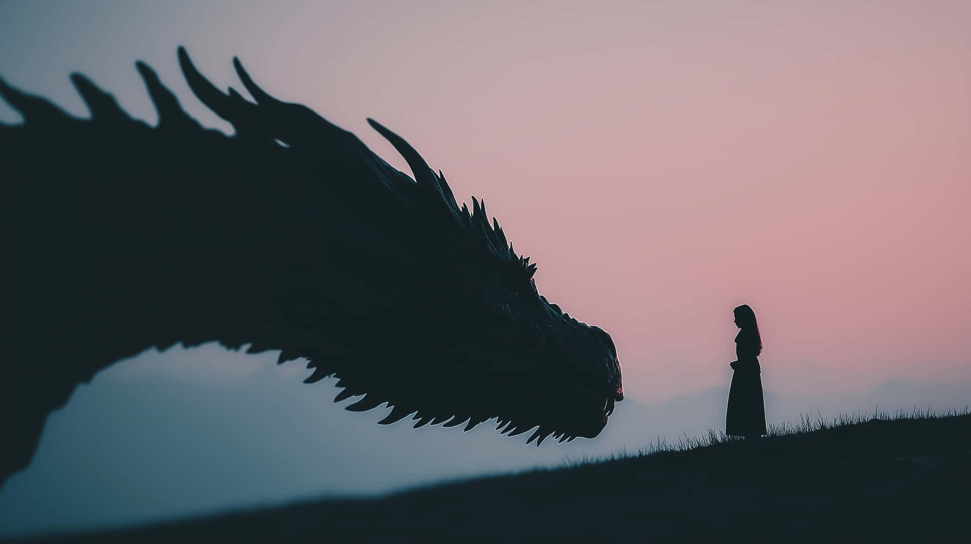 Amazing Dragon And Woman Silhouette Against Dusk Sky, Mythical Encounter HD Wallpaper