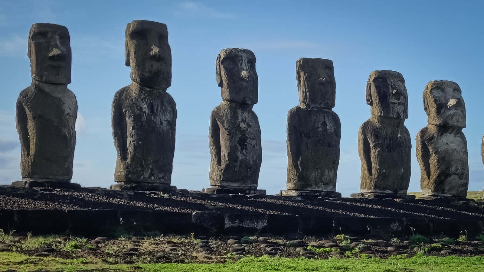 Amazing Majestic Moai Statues Cast Shadows at Sunset Screen Background