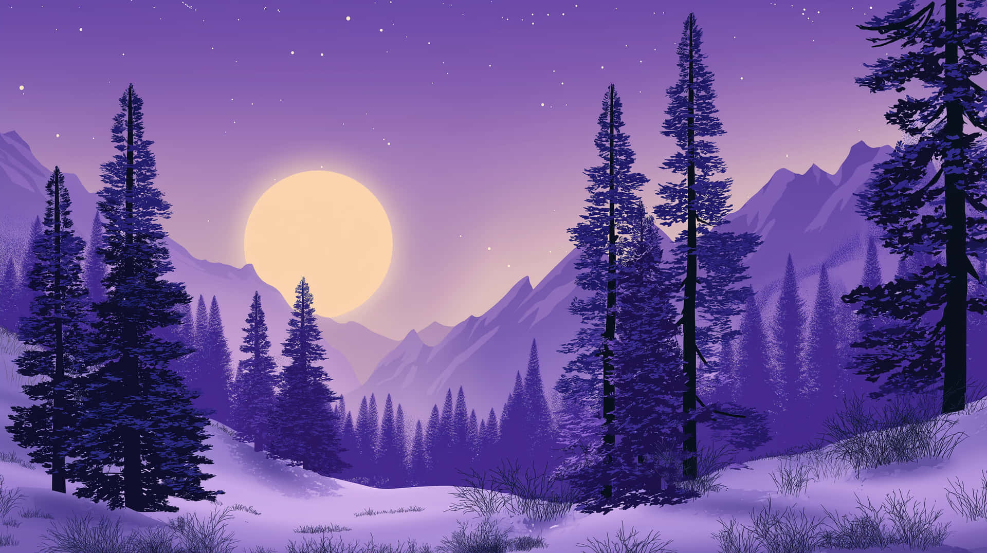 Dynamic Ethereal Winter Landscape With Towering Evergreens And Moon Wallpaper
