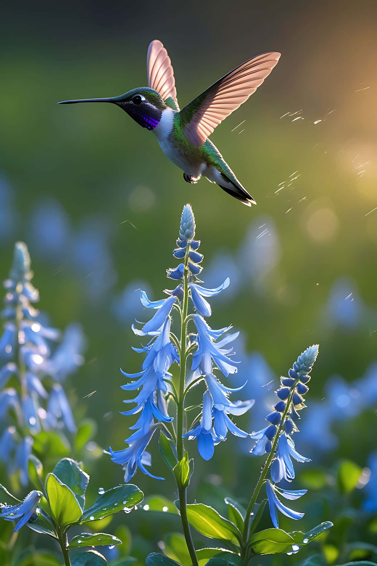 Dynamic Hummingbird Hovering Over Blue Flowers Screen Background