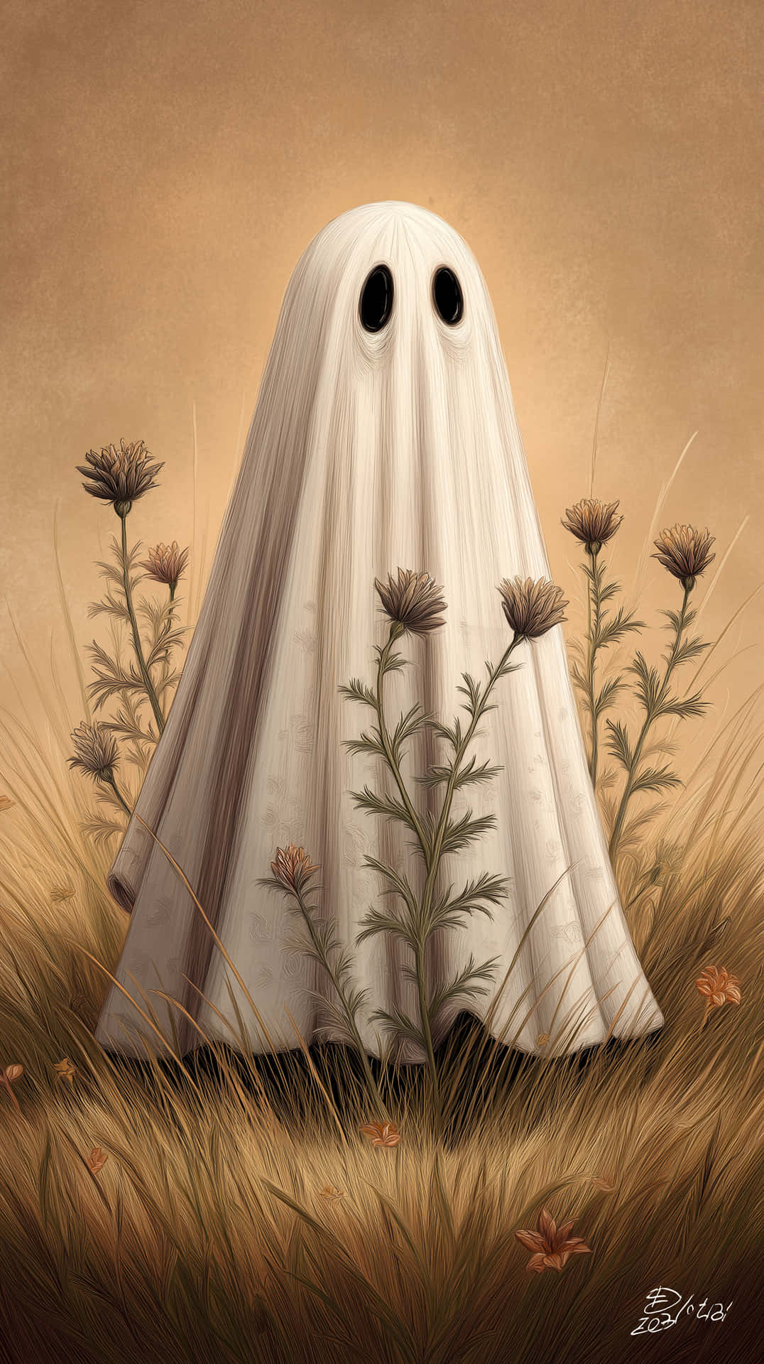 Elegant Minimalist Ghost In Field With Dark Flowers Artistic Render Digital Art