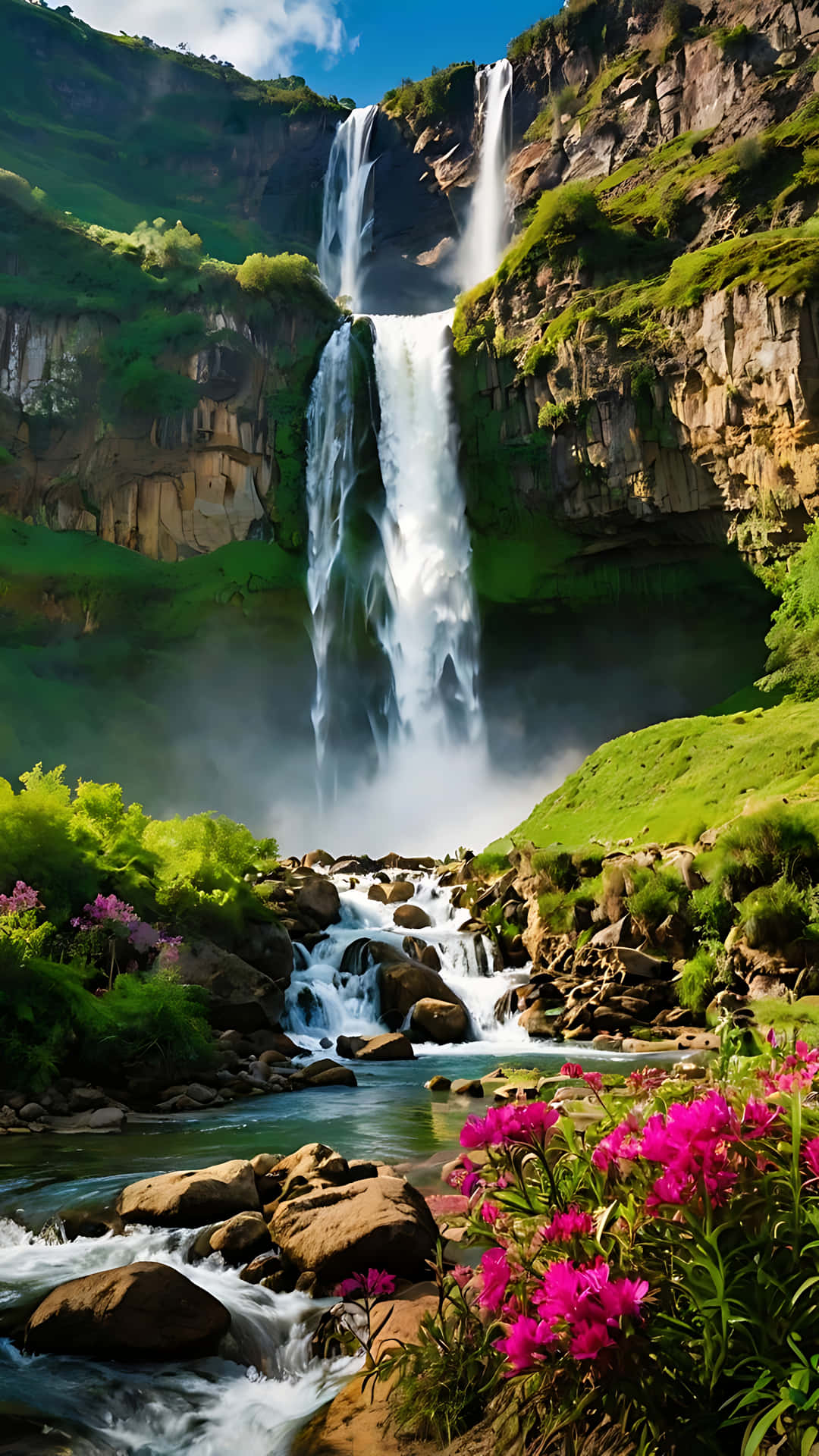 Gorgeous Majestic Waterfall Overlooking A Vibrant Landscape. Smartphone Background