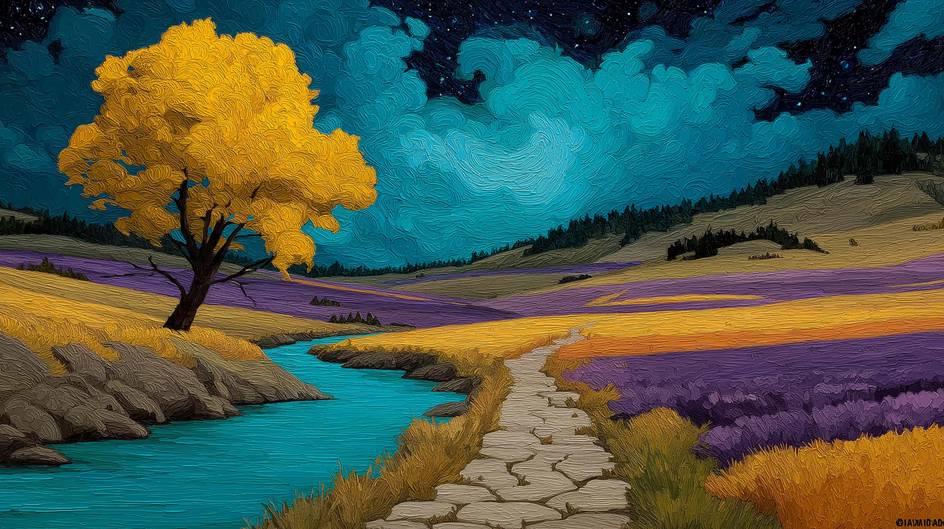 Gorgeous Whimsical Starry Night Landscape With Vivid Yellow Tree Wallpaper