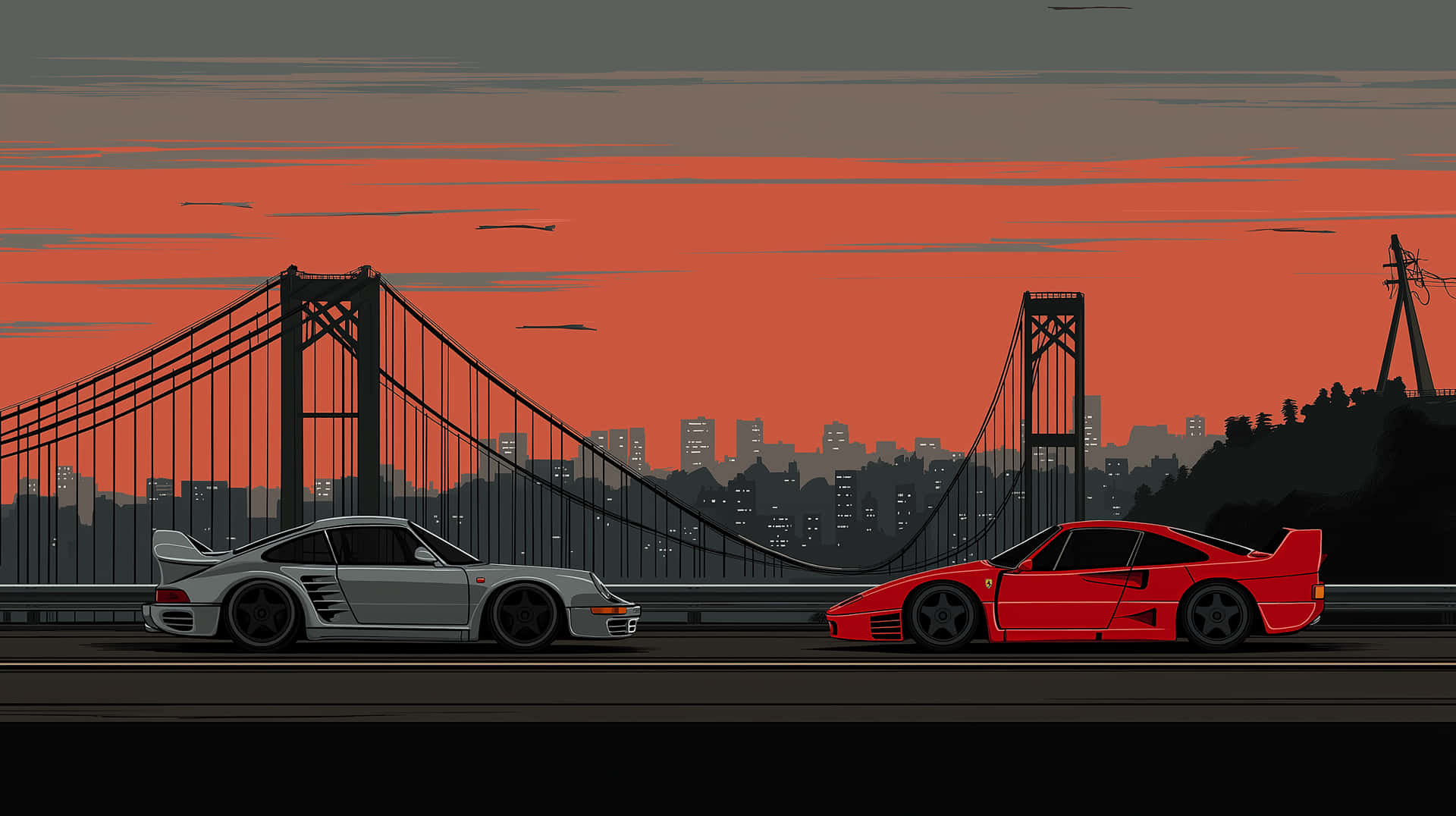 HD Conic Sports Cars On A Californian Sunset Boulevard Scene Screen Background