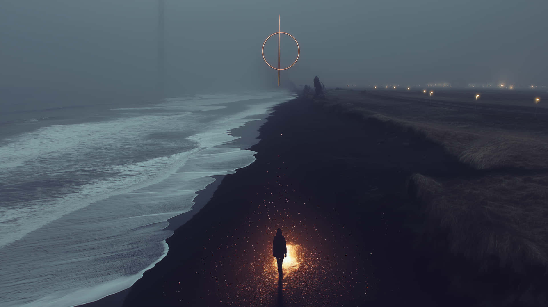 Magnificent Mysterious Figure On Foggy Black Sand Beach At Night Wallpaper