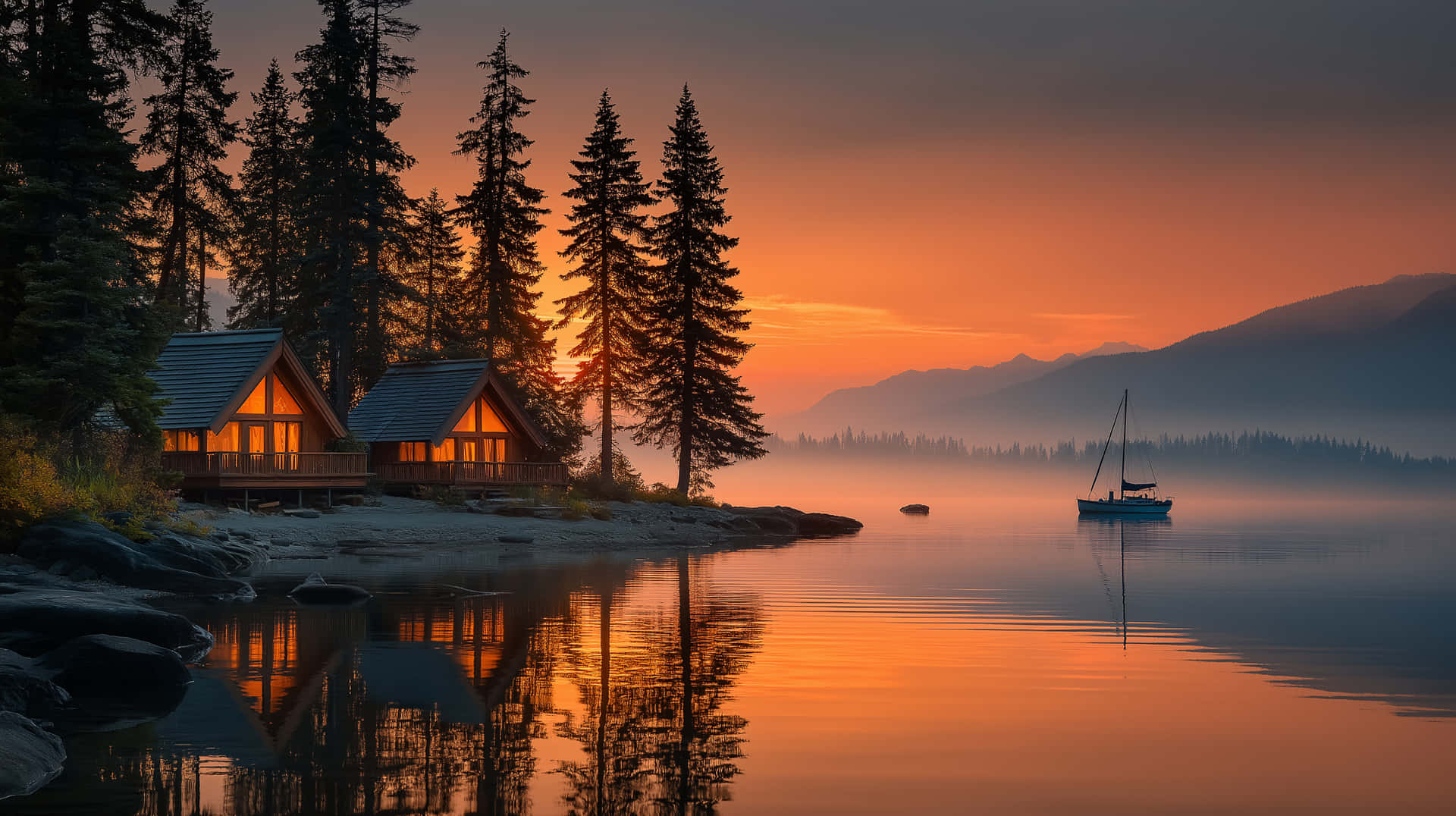 Perfect Cozy Lakeside Cabins At Sunrise With Sailboat Digital Art