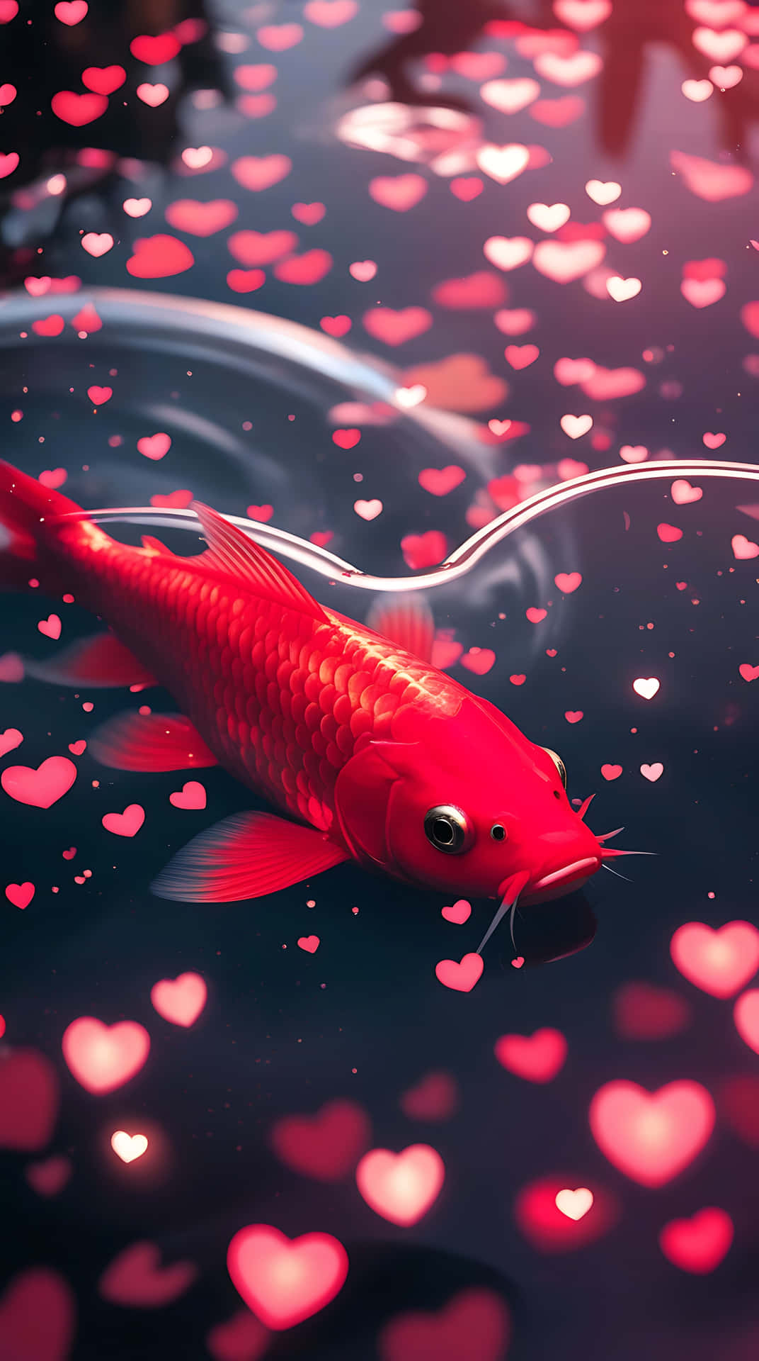 Red Kohaku Fish In Heart-shaped Pond – Love For Smartphone
