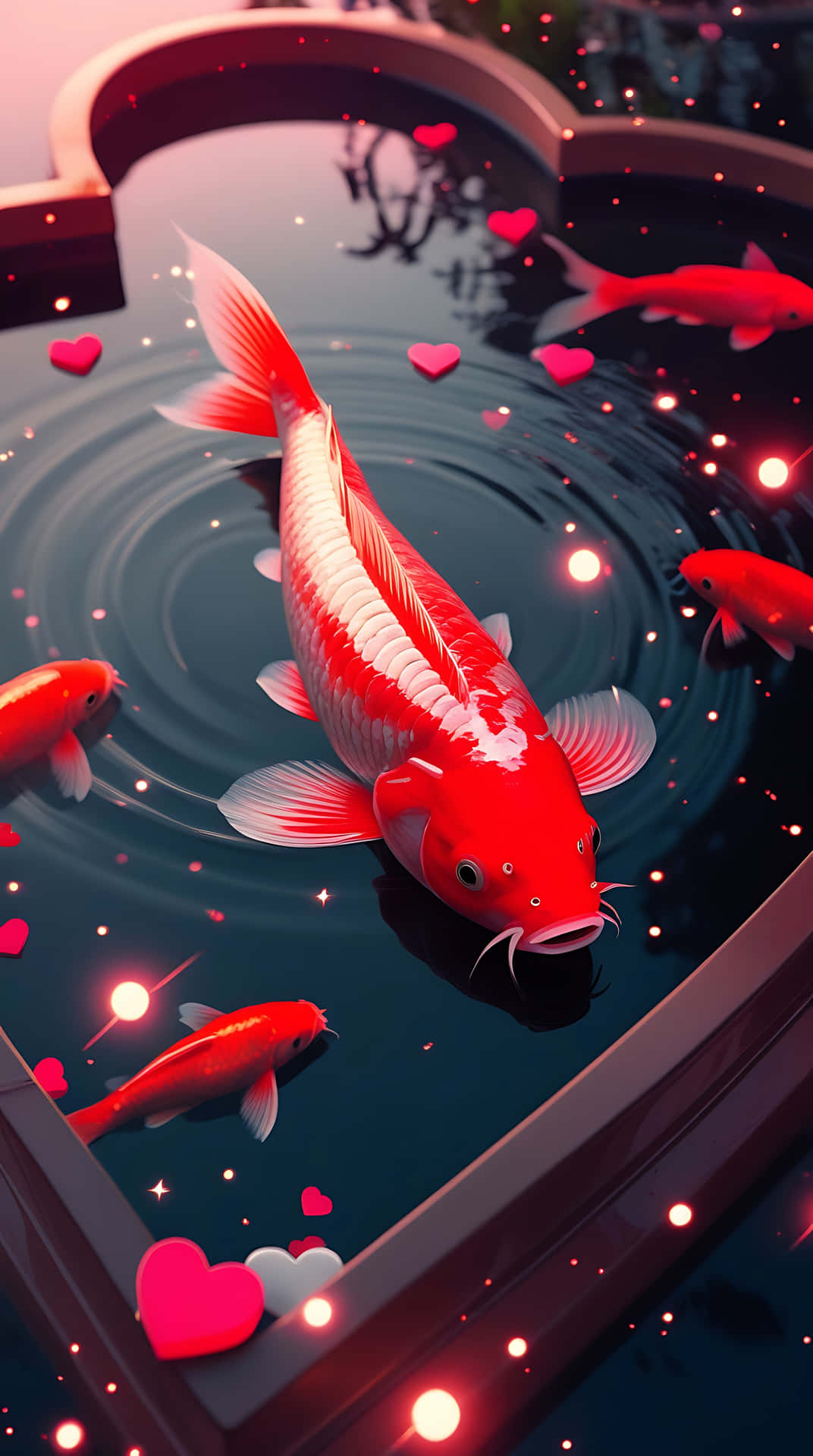 Red Kohaku Fish In Heart-shaped Pond – Love For Smartphone