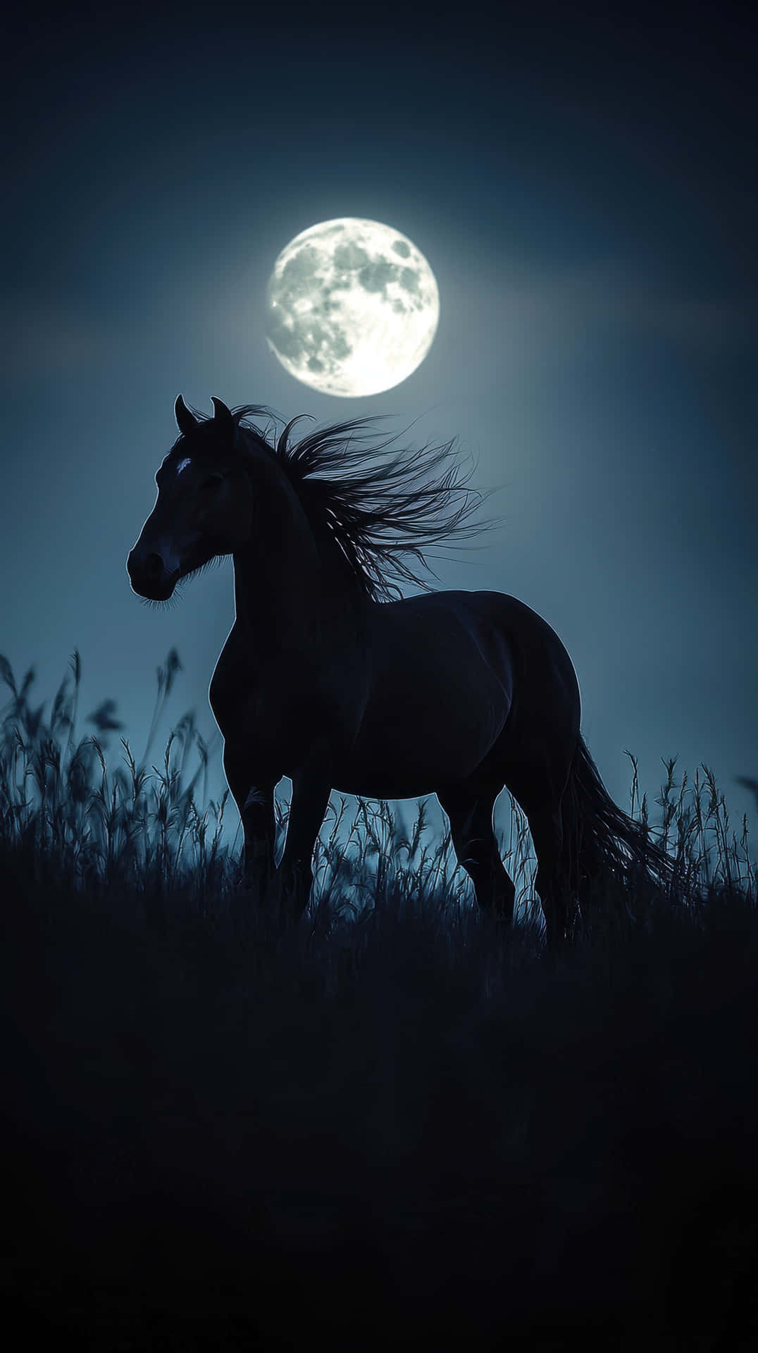 Stunning Majestic Black Horse Silhouetted Against A Full Moon At Night Wall Art