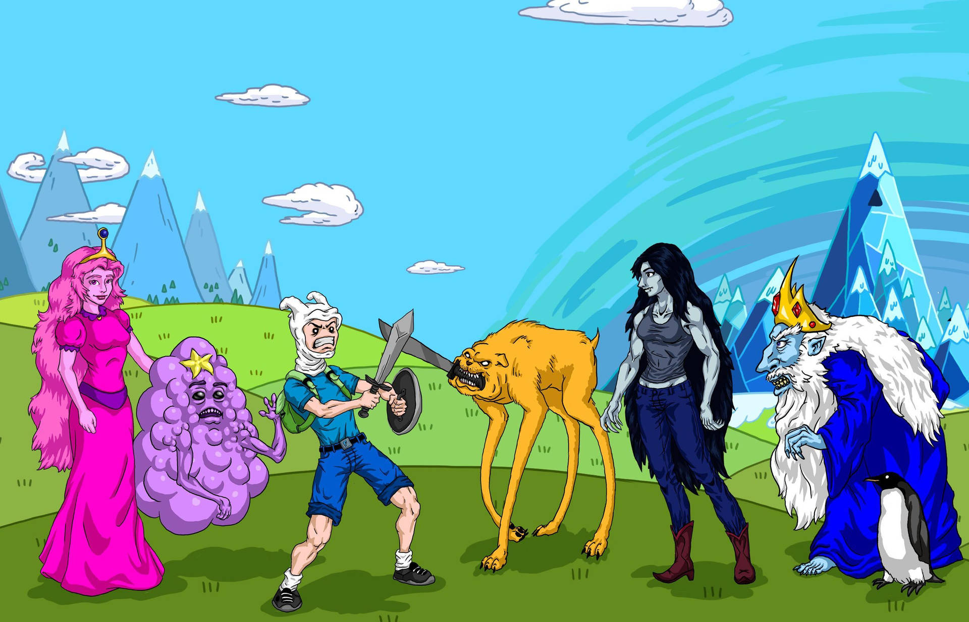 Vibrant An Epic Adventure with Finn and Jake Background Image