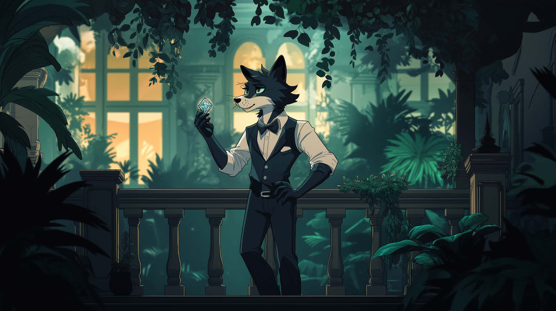 Vibrant Dapper Fox Character Holding A Valuable Sparkling Gem Background
